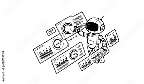 Futuristic robot interacting with digital interface panels black and white vector AI technology illustration