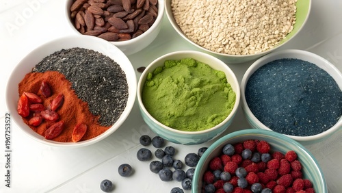 Healthy superfood ingredients for smoothie boosters with protein powder chia seeds spirulina and vitamins arranged flat lay