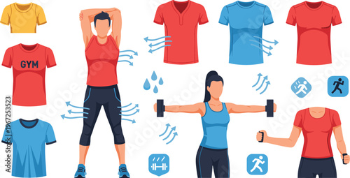 Activewear Performance Illustration with Breathable Fabric, Sweat Control, Stretch Fit and Fitness Clothing Design for Sportswear, Gym Apparel and Training Gear