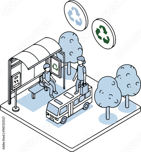 Sustainable Public Transport and Green City Infrastructure Isometric Line Art Illustration with Bus Stop, Recycling Icons, and People
