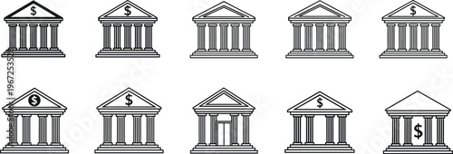 Black silhouette bank building vector set featuring classical architecture with columns, pediments, and dollar symbols for finance, business, and institution illustration