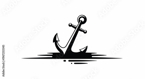Classic anchor symbol with stylized water ripples and abstract lines, isolated on white background, vector illustration