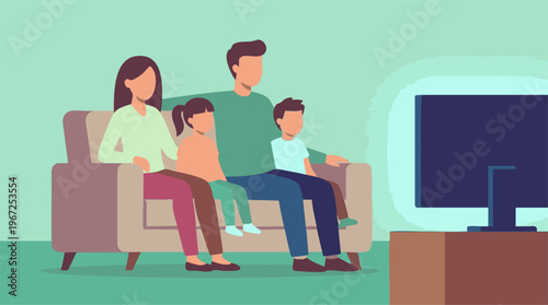 Family watching television together on a couch in a minimalist home