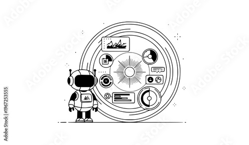 Modern cute AI robot with circular digital interface vector illustration minimal futuristic technology design