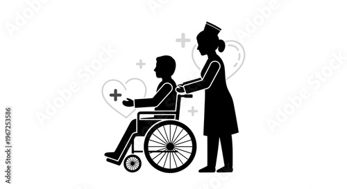 Nurse helping disabled patient in wheelchair.