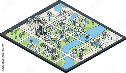 Isometric City Map on Tablet Screen with Location Pin Icons for Mobile Navigation and Urban Tourism