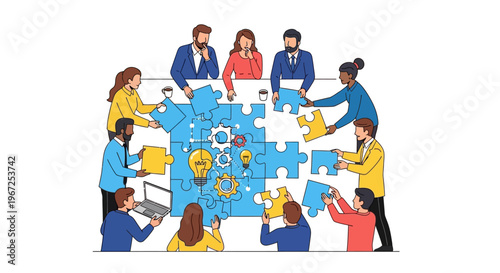 Teamwork illustration of people assembling puzzle pieces with lightbulb
