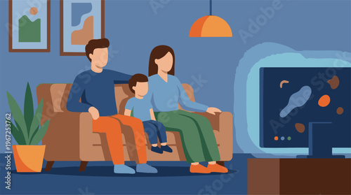 Family with child sitting on sofa watching television in living room