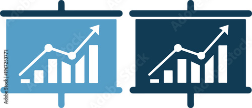 Two blue screens with white graphs and arrows