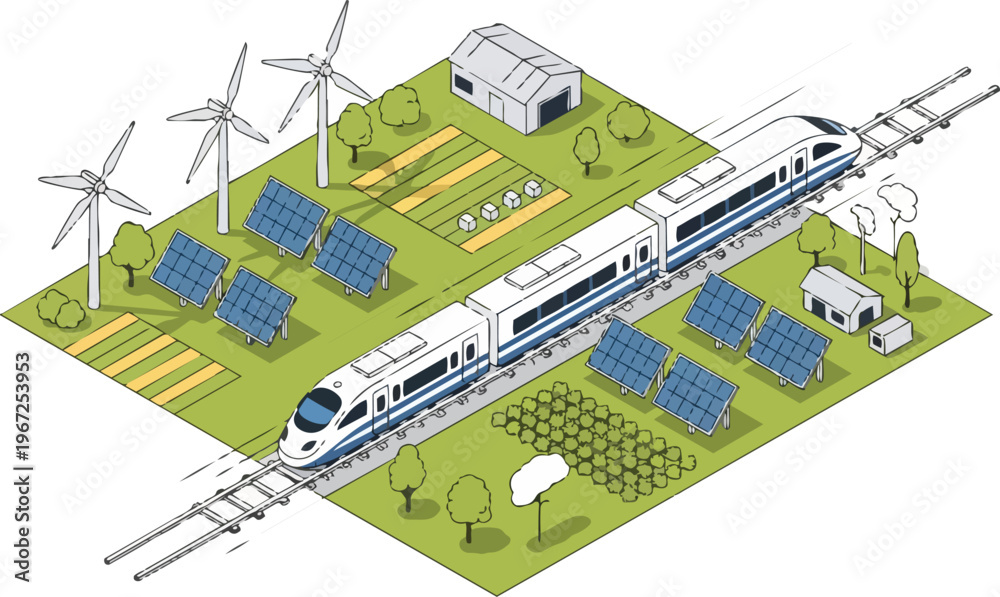Fototapeta premium Isometric High-Speed Train and Renewable Energy Infrastructure with Solar Panels Wind Turbines and Sustainable Farming Concept Illustration