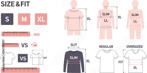 Clothing Size and Fit Guide Illustration with S M XL Measurements, Slim Regular Oversized Styles and Body Proportion Comparison for Apparel Design and Fashion Sizing