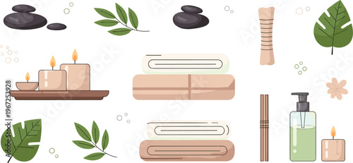 Spa Wellness Elements Illustration Set with Towels, Candles, Essential Oils, Stones, Bamboo and Natural Leaves for Relaxation, Beauty and Aromatherapy Design