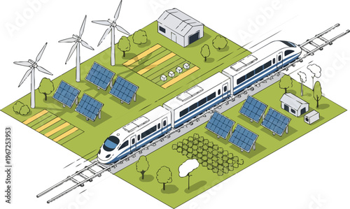 Isometric High-Speed Train and Renewable Energy Infrastructure with Solar Panels Wind Turbines and Sustainable Farming Concept Illustration