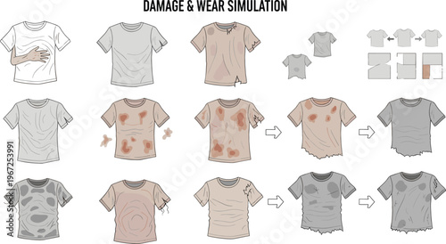 T Shirt Damage and Wear Simulation Set with Stains, Dirt, Fabric Aging, Distressed Textures and Clothing Degradation for Apparel Design and Textile Visualization