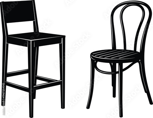 Black silhouette chair vector set featuring tall bar stool and classic bentwood chair designs for furniture, interior, and seating illustration
