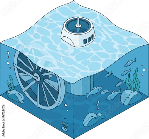 Isometric Illustration of a Tidal Turbine Underwater Generating Renewable Green Energy from Ocean Currents
