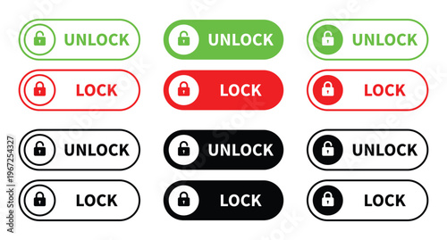 Lock vector icon set in red, green and black color. Locked and unlocked icon set. Lock open and closed icon. Security symbol. Vector illustration.