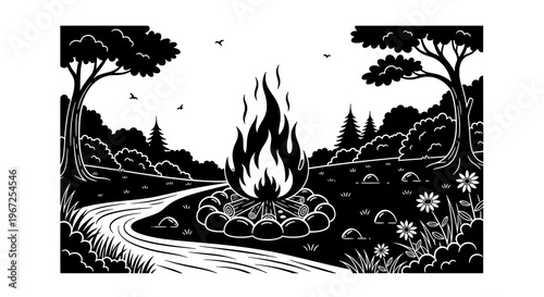 Monochromatic Illustration of a Campfire Burning Brightly in a Serene Forest Landscape