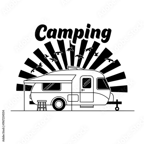 Classic Black and White Camping Trailer Design with Flying Birds and Sun Rays