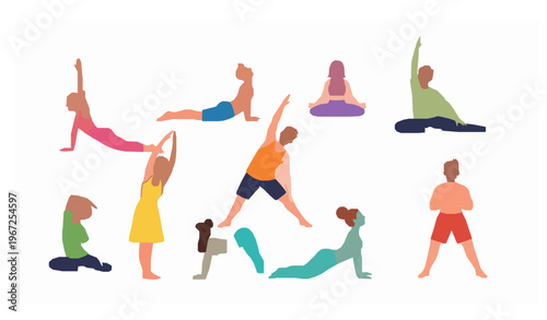 Colorful flat vector of people practicing yoga and morning stretches for fitness illustrations