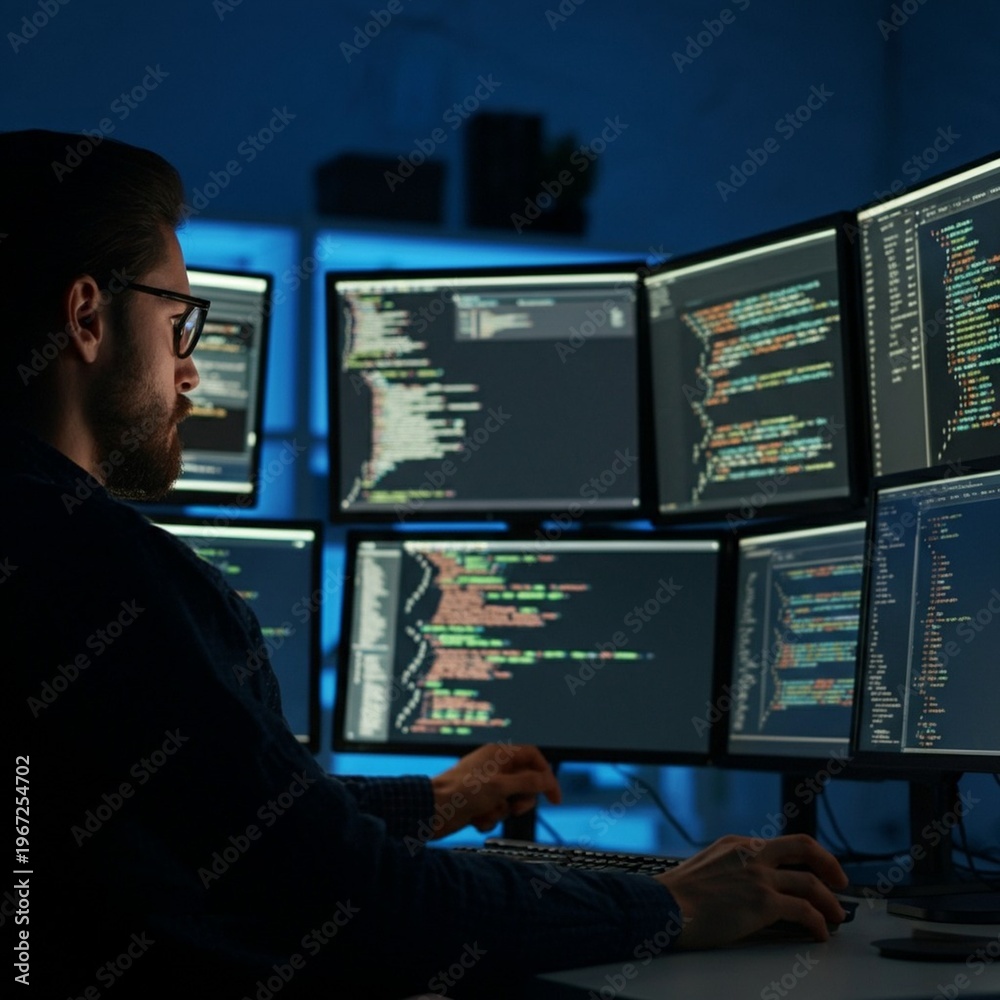 Fototapeta premium Software developer in dark office with multiple monitors showing code