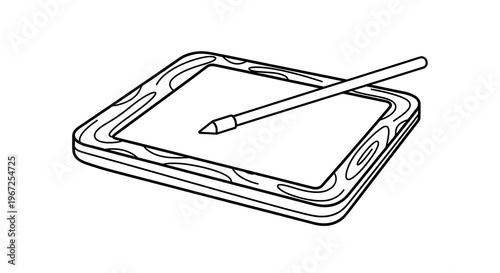 Black and White Line Art Illustration of a Classic Drawing Slate with Stylus