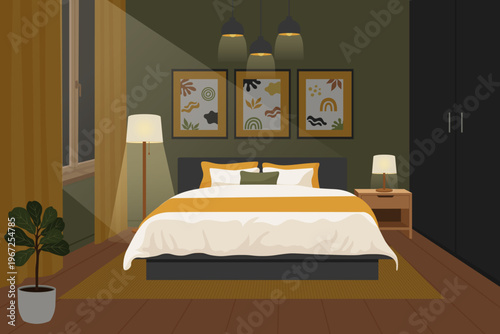 Cozy night bedroom interior with warm lamps and dark olive walls vector illustration.