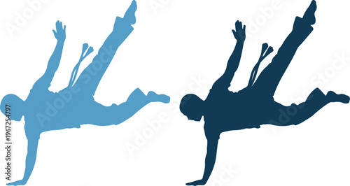Two people in blue silhouette diving or parachuting
