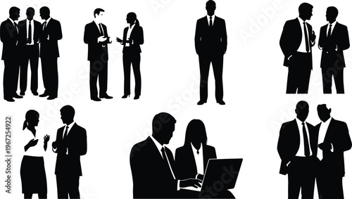 Business people silhouettes discussing and working isolated on white background vector illustration corporate teamwork office professionals collection design set