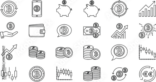 Bitcoin and Cryptocurrency Icon Set with Wallet, Coins, Phone, Graph, Piggy Bank, and Digital Money Symbols for Finance, Investment, and Blockchain Design
