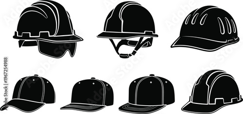 Black and White Illustration Set Featuring Various Cap and Safety Helmet Designs for Fashion, Sports, and Construction