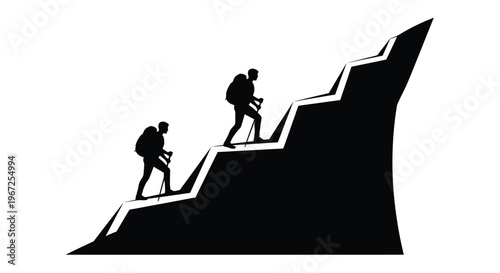Two hikers ascend a steep angular mountain path silhouette