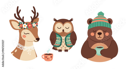 Cartoon Deer Owl Bear Winter Characters.