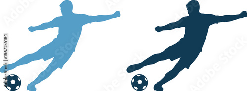 Two soccer players kicking balls in different colors