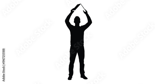 Εκτύπωση καμβά Person raising arms with a rectangular object stark black silhouette