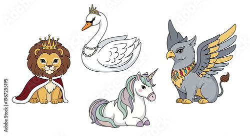 Cartoon lion swan unicorn griffin illustration.