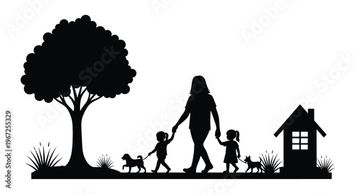 Family walk with a mother two children and pets a striking silhouette