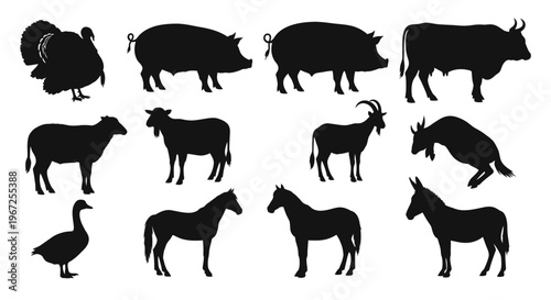 Collection of Various Farm Animal Silhouettes.