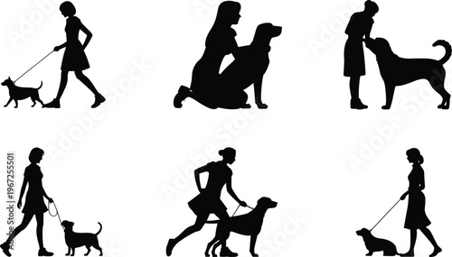 Collection of woman silhouettes walking with dog on leash, playing with puppy, and pet training activities, isolated flat vector illustration,