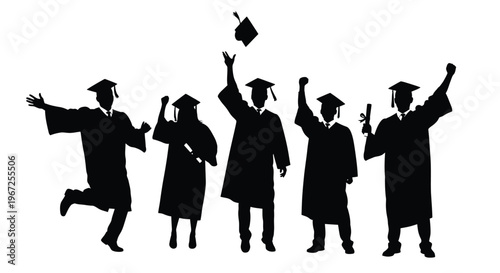 Celebrating graduates joyfully toss their cap in the air silhouette