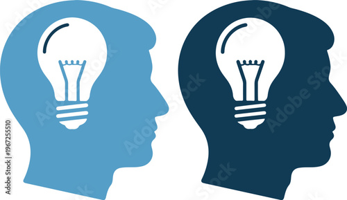 Two human heads with lightbulbs in their minds