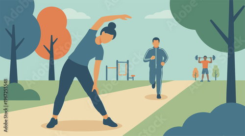 Outdoor fitness activities in a park: stretching, running, and weight training