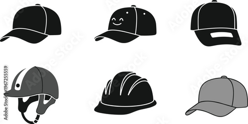 Collection of Various Hat and Helmet Designs Including Baseball Caps, Safety Helmets, and Casual Headgear for Fashion and Workwear