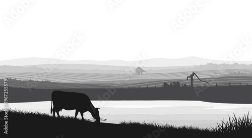 Cow Grazing on Grassy Hillside Silhouette.