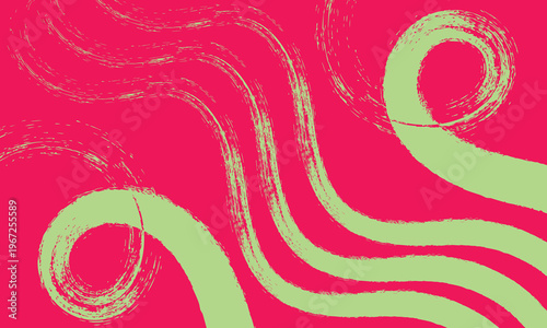 Abstract fluid brush stroke waves on vibrant pink background with mint green swirls
