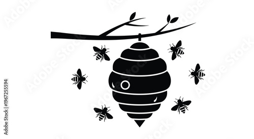 Beehive with flying bees and a branch a striking silhouette
