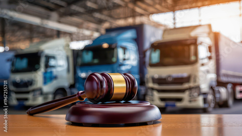 Transport law case with judge gavel on desk, commercial trucks in logistics terminal, freight contract dispute, trucking industry regulation, fleet leasing default, cargo liability