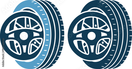 Two navy blue car tires with white details