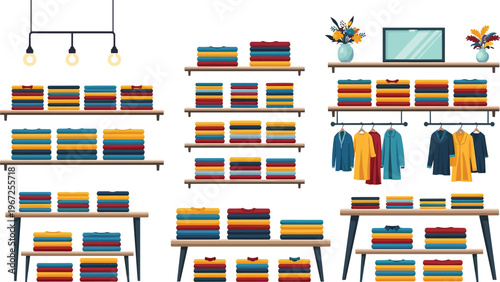 Clothing Store Display Illustration with Folded Apparel Stacks, Shelves, Hanging Garments and Retail Interior Layout for Fashion Shop Merchandising and Boutique Design