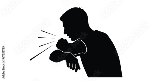 Man sneezing into elbow a common health practice silhouette